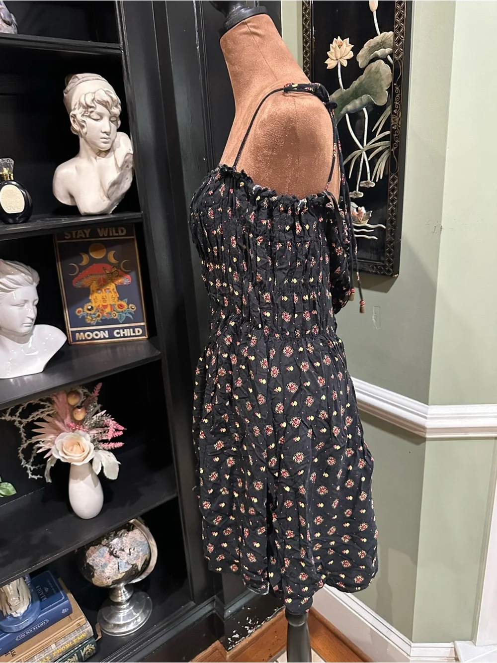 Free People “Clementina” Black Floral Smocked Dress Size Small